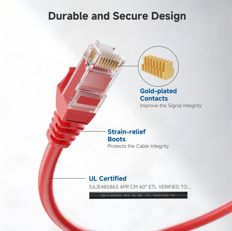 Cable Matters 10Gbps 5-Pack Snagless Short Cat 6 Ethernet Cable 1 ft (Cat6, Internet, Network) in Red - Image 4